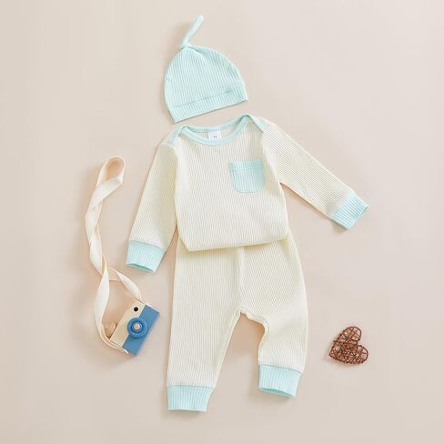 Newborn Baby Boy Girl Clothes Color Block Ribbed Kint Romper Bodysuit Jumpsuit Pants Set Hat Coming Home Outfits in Saudi Arabia