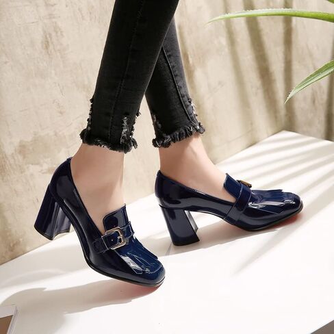 MOOMMO Women Chunky Block Heel Loafers Pumps Square Closed Toe Slip On Dress Shoes Patent Leather Oxford Loafer Shoes Fringe Buckle Tassel Wingtip Office Work Shoe Business Professional 4-11 M US in Kuwait
