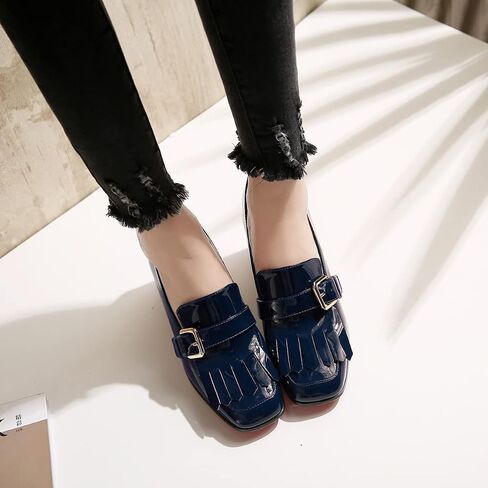 MOOMMO Women Chunky Block Heel Loafers Pumps Square Closed Toe Slip On Dress Shoes Patent Leather Oxford Loafer Shoes Fringe Buckle Tassel Wingtip Office Work Shoe Business Professional 4-11 M US in Kuwait