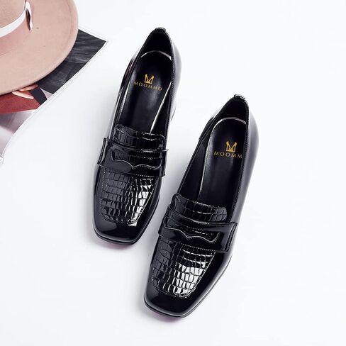 MOOMMO Women Chunky Block Heel Loafers Pumps Square Closed Toe Slip On Dress Shoes Patent Leather Oxford Loafer Shoes Fringe Buckle Tassel Wingtip Office Work Shoe Business Professional 4-11 M US in Kuwait