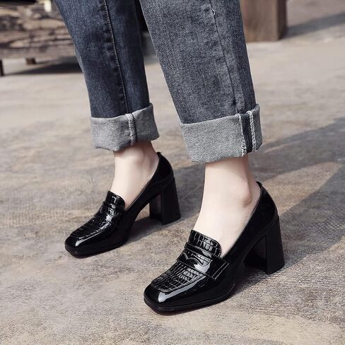 MOOMMO Women Chunky Block Heel Loafers Pumps Square Closed Toe Slip On Dress Shoes Patent Leather Oxford Loafer Shoes Fringe Buckle Tassel Wingtip Office Work Shoe Business Professional 4-11 M US in Kuwait