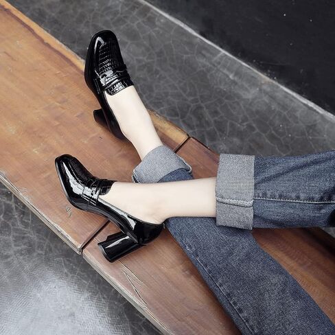 MOOMMO Women Chunky Block Heel Loafers Pumps Square Closed Toe Slip On Dress Shoes Patent Leather Oxford Loafer Shoes Fringe Buckle Tassel Wingtip Office Work Shoe Business Professional 4-11 M US in Kuwait