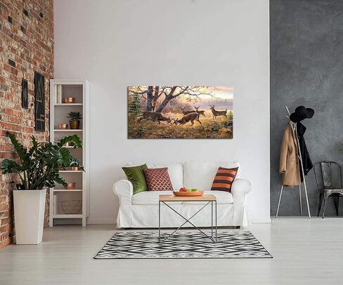 ArtHome520 Yellow Landscape Wall Art Canvas Printed Oil Painting Wildlife Animal Deers Picture Living Dining Room Decorations Modern Framed Panel Piece (20''x40'') in Saudi Arabia