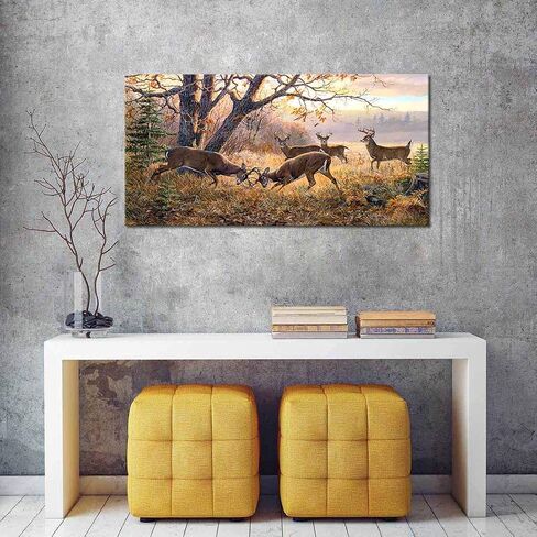 ArtHome520 Yellow Landscape Wall Art Canvas Printed Oil Painting Wildlife Animal Deers Picture Living Dining Room Decorations Modern Framed Panel Piece (20''x40'') in Saudi Arabia