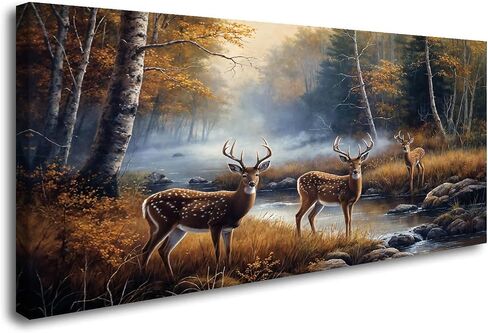 ArtHome520 Yellow Landscape Wall Art Canvas Printed Oil Painting Wildlife Animal Deers Picture Living Dining Room Decorations Modern Framed Panel Piece (20''x40'') in Saudi Arabia