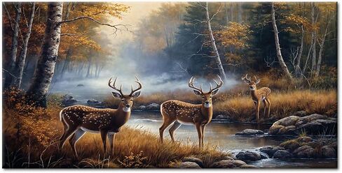 ArtHome520 Yellow Landscape Wall Art Canvas Printed Oil Painting Wildlife Animal Deers Picture Living Dining Room Decorations Modern Framed Panel Piece (20''x40'') in Saudi Arabia