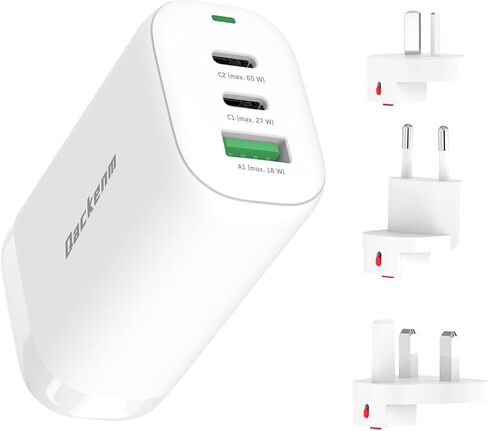 شاحن USB C بقدرة 65 وات، 3 منافذ GaN سريع وقابل للطي يناسب أجهزة MacBook Pro/Air وiPad Pro وGalaxy S24/S23 وDell XPS وiPhone 16 15 14 13/ Pro Pixel 8 مع قابس تبديل في الاتحاد الأوروبي والمملكة المتحدة والولايات المتحدة in Saudi Arabia