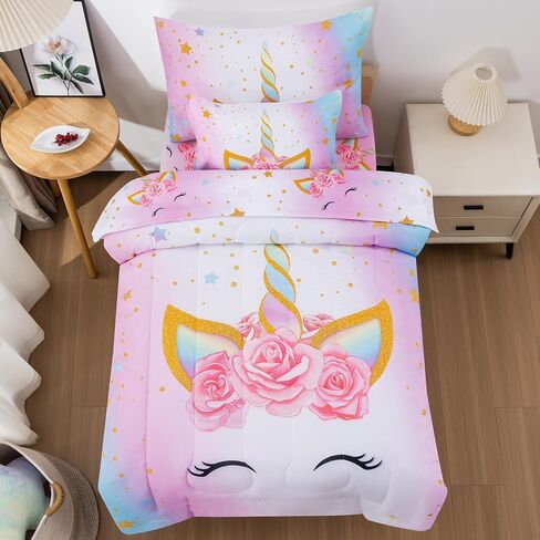 JQinHome Toddler Comforter for Girls,5 Piece Bed in A Bag 3D Unicorn Theme Bedding Set with 2 Pillowcases,1 Flat Sheet,1 Fitted Sheet(Unicorn) in Saudi Arabia