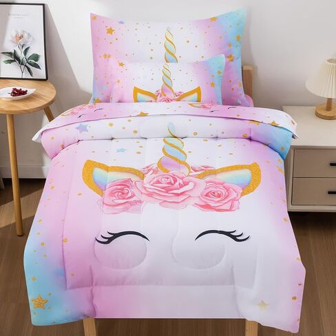 JQinHome Toddler Comforter for Girls,5 Piece Bed in A Bag 3D Unicorn Theme Bedding Set with 2 Pillowcases,1 Flat Sheet,1 Fitted Sheet(Unicorn) in Saudi Arabia