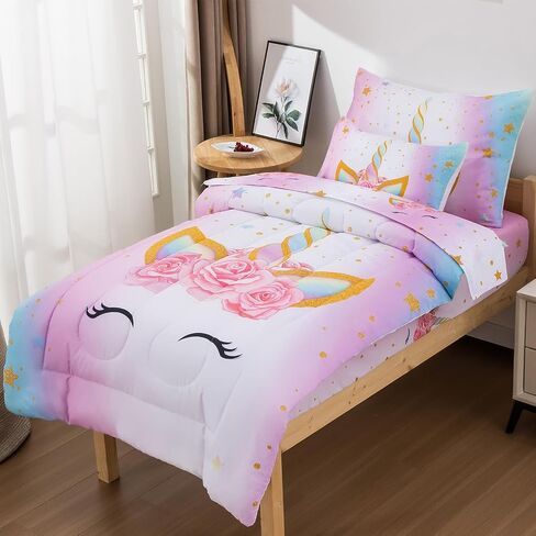 JQinHome Toddler Comforter for Girls,5 Piece Bed in A Bag 3D Unicorn Theme Bedding Set with 2 Pillowcases,1 Flat Sheet,1 Fitted Sheet(Unicorn) in Saudi Arabia