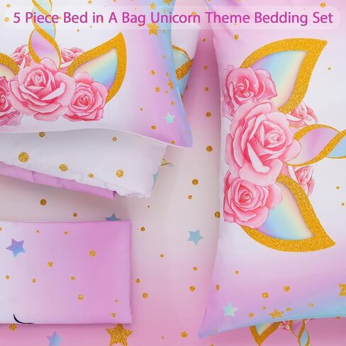 JQinHome Toddler Comforter for Girls,5 Piece Bed in A Bag 3D Unicorn Theme Bedding Set with 2 Pillowcases,1 Flat Sheet,1 Fitted Sheet(Unicorn) in Saudi Arabia