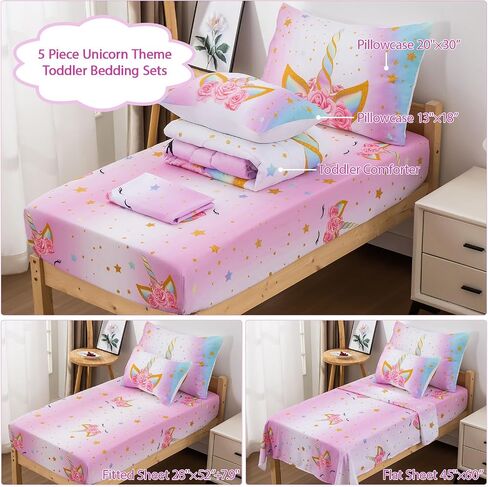 JQinHome Toddler Comforter for Girls,5 Piece Bed in A Bag 3D Unicorn Theme Bedding Set with 2 Pillowcases,1 Flat Sheet,1 Fitted Sheet(Unicorn) in Saudi Arabia