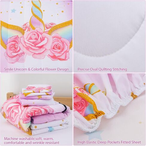JQinHome Toddler Comforter for Girls,5 Piece Bed in A Bag 3D Unicorn Theme Bedding Set with 2 Pillowcases,1 Flat Sheet,1 Fitted Sheet(Unicorn) in Saudi Arabia
