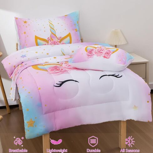 JQinHome Toddler Comforter for Girls,5 Piece Bed in A Bag 3D Unicorn Theme Bedding Set with 2 Pillowcases,1 Flat Sheet,1 Fitted Sheet(Unicorn) in Saudi Arabia