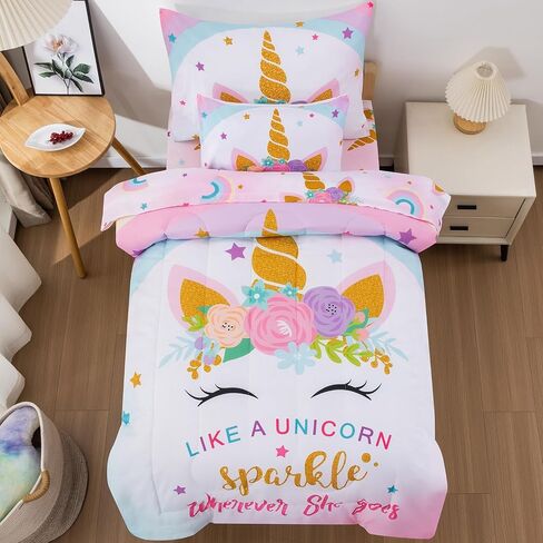 JQinHome Toddler Comforter for Girls,5 Piece Bed in A Bag 3D Unicorn Sparkle Theme Bedding Set with 2 Pillowcases,1 Flat Sheet,1 Fitted Sheet(Unicorn Sparkle,Toddler Size 42" x 57") in Saudi Arabia