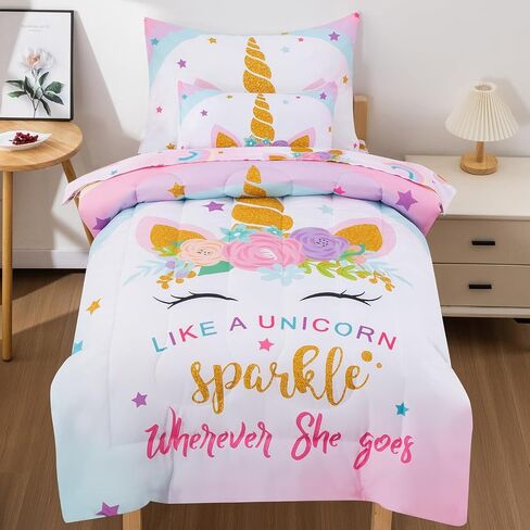 JQinHome Toddler Comforter for Girls,5 Piece Bed in A Bag 3D Unicorn Sparkle Theme Bedding Set with 2 Pillowcases,1 Flat Sheet,1 Fitted Sheet(Unicorn Sparkle,Toddler Size 42" x 57") in Saudi Arabia