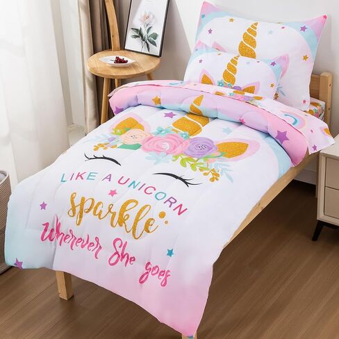 JQinHome Toddler Comforter for Girls,5 Piece Bed in A Bag 3D Unicorn Sparkle Theme Bedding Set with 2 Pillowcases,1 Flat Sheet,1 Fitted Sheet(Unicorn Sparkle,Toddler Size 42" x 57") in Saudi Arabia