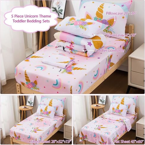 JQinHome Toddler Comforter for Girls,5 Piece Bed in A Bag 3D Unicorn Sparkle Theme Bedding Set with 2 Pillowcases,1 Flat Sheet,1 Fitted Sheet(Unicorn Sparkle,Toddler Size 42" x 57") in Saudi Arabia