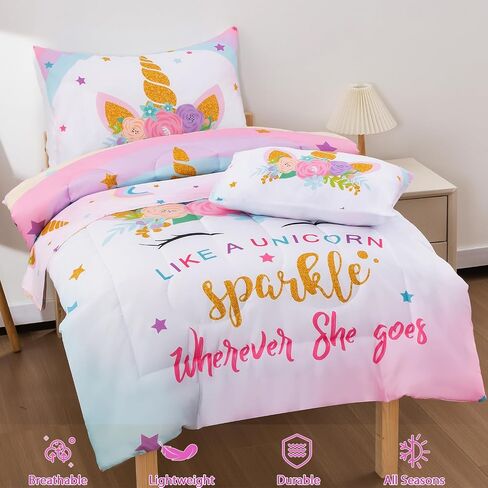JQinHome Toddler Comforter for Girls,5 Piece Bed in A Bag 3D Unicorn Sparkle Theme Bedding Set with 2 Pillowcases,1 Flat Sheet,1 Fitted Sheet(Unicorn Sparkle,Toddler Size 42" x 57") in Saudi Arabia