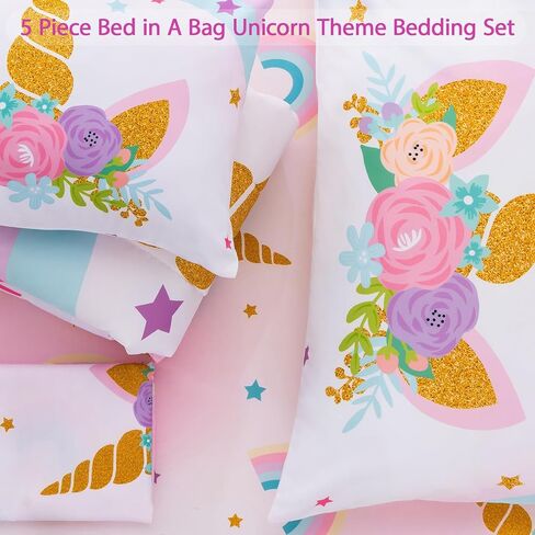 JQinHome Toddler Comforter for Girls,5 Piece Bed in A Bag 3D Unicorn Sparkle Theme Bedding Set with 2 Pillowcases,1 Flat Sheet,1 Fitted Sheet(Unicorn Sparkle,Toddler Size 42" x 57") in Saudi Arabia