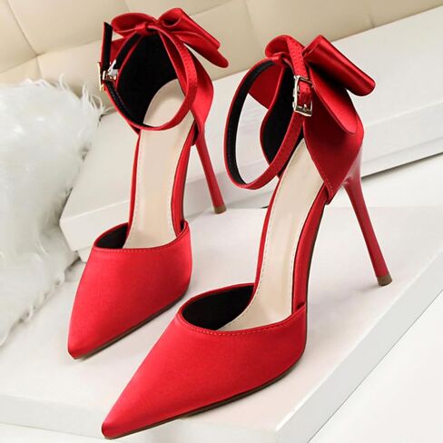 Women's Sexy Stiletto Bow Knot Satin High Heels Closed Pointy Toe D'Orsay Bow Tie Pumps Shoes Bridal Dress Wedding Party Ankle Strap Heeled Sandals with Convenient Buckle in Saudi Arabia