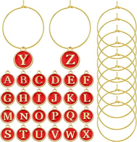 Aylifu 52pcs Round Pink Enamel Initial Letter Charms and 60pcs 25 mm Golden Wine Glass Rings Drink Identifiers Markers for Wedding Champagne Party Decoration Supplies Gifts in Saudi Arabia