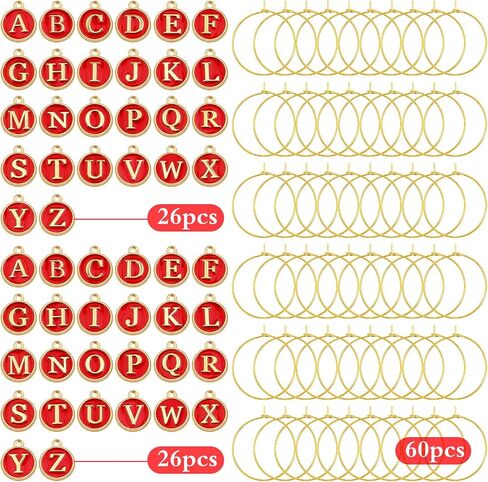 Aylifu 52pcs Round Pink Enamel Initial Letter Charms and 60pcs 25 mm Golden Wine Glass Rings Drink Identifiers Markers for Wedding Champagne Party Decoration Supplies Gifts in Saudi Arabia