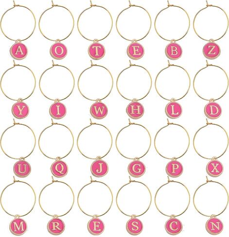 Aylifu 52pcs Round Pink Enamel Initial Letter Charms and 60pcs 25 mm Golden Wine Glass Rings Drink Identifiers Markers for Wedding Champagne Party Decoration Supplies Gifts in Saudi Arabia