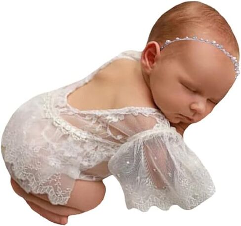 Newborn Photography Bodysuit Outfits Girls Baby Photo Lace Romper Outfit Girl Photoshoot (White) BX2-YW 0 in Saudi Arabia