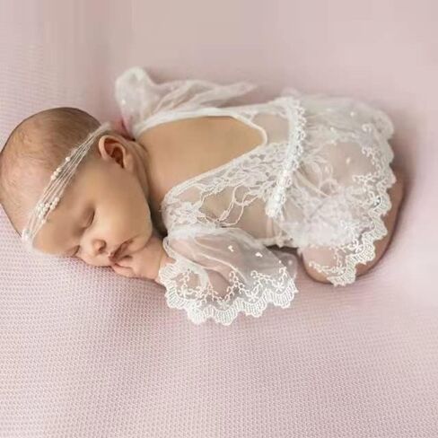 Newborn Photography Bodysuit Outfits Girls Baby Photo Lace Romper Outfit Girl Photoshoot (White) BX2-YW 0 in Saudi Arabia