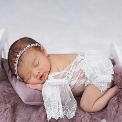 Newborn Photography Bodysuit Outfits Girls Baby Photo Lace Romper Outfit Girl Photoshoot (White) BX2-YW 0 in Saudi Arabia