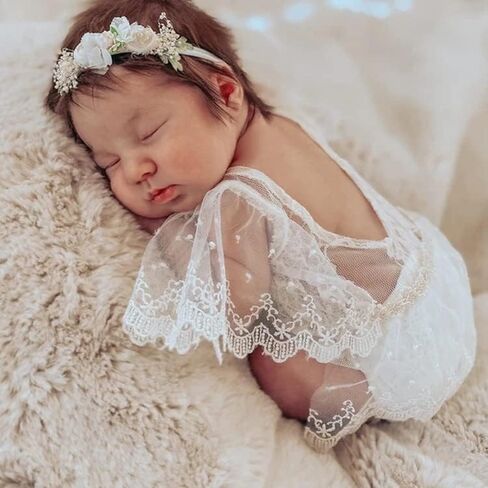 Newborn Photography Bodysuit Outfits Girls Baby Photo Lace Romper Outfit Girl Photoshoot (White) BX2-YW 0 in Saudi Arabia