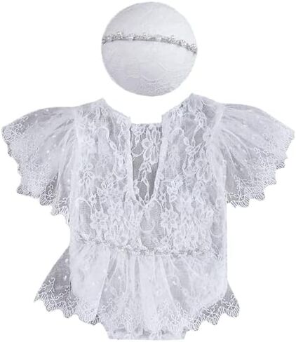 Newborn Photography Bodysuit Outfits Girls Baby Photo Lace Romper Outfit Girl Photoshoot (White) BX2-YW 0 in Saudi Arabia