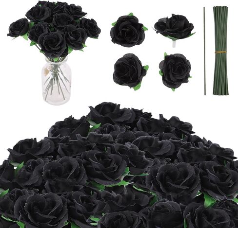80 Pack Black&Red Roses Artificial Flowers Bulk 1.6Inch Small Artificial Rose Flowers with Stems Simulation Roses Elegant Faux for Halloween,Bouquets Parties, Home Decorations in Kuwait