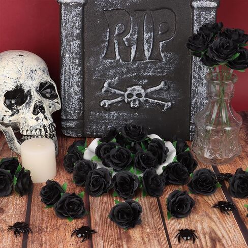 80 Pack Black&Red Roses Artificial Flowers Bulk 1.6Inch Small Artificial Rose Flowers with Stems Simulation Roses Elegant Faux for Halloween,Bouquets Parties, Home Decorations in Kuwait