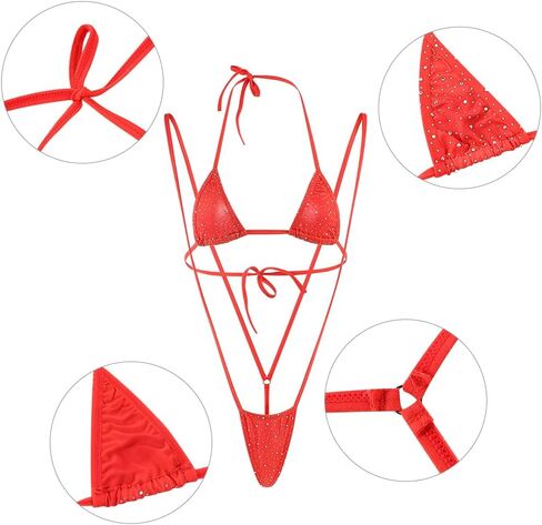 SIQITECHNO Rhinestone Extreme Sexy Micro Bikini Set Sparkle Lingerie Set for Women Two Piece Bra Top with Thong Swimwear in Kuwait