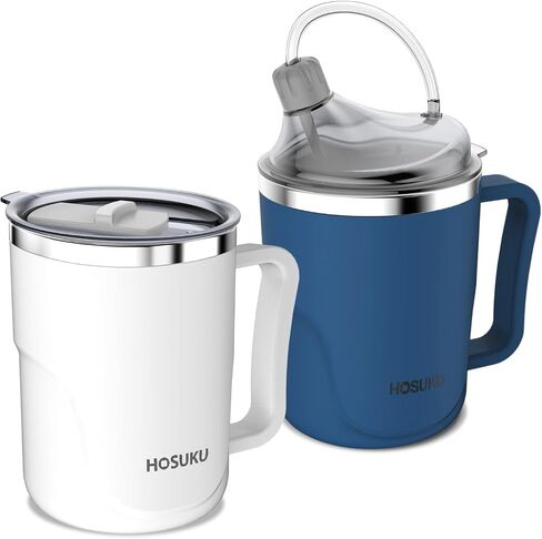 Spill-Proof Cup for Elderly, 13.5oz Stainless Steel Sippy Cup with Straw, Ideal for Seniors, Adults, and Maternity Use, Great for Water, Milk, and Soup (Blue) in Saudi Arabia