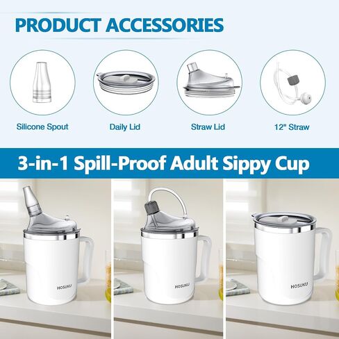 Spill-Proof Cup for Elderly, 13.5oz Stainless Steel Sippy Cup with Straw, Ideal for Seniors, Adults, and Maternity Use, Great for Water, Milk, and Soup (Blue) in Saudi Arabia