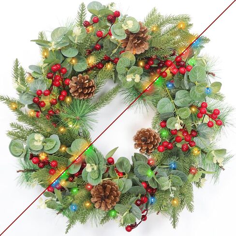 Dual Color Change&Remote Control&12 Mode-26 Inch Large Thick Prelit Christmas Wreath 50 Warm White&Color Lights Timer,Lifelike Tips 33 Ball 16 Pine Needles Cypress Leaves Double Frame Xmas Door Wreath in Saudi Arabia
