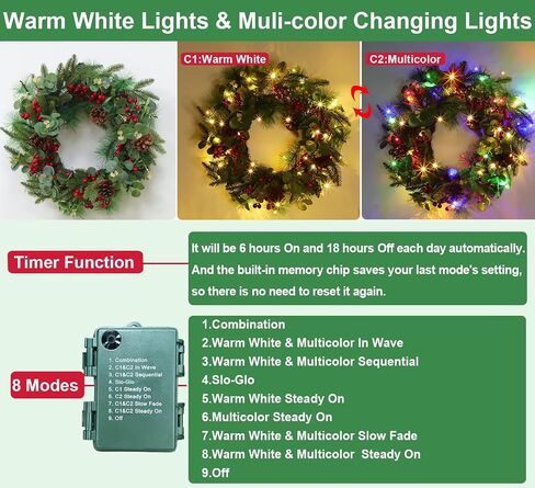 Dual Color Change&Remote Control&12 Mode-26 Inch Large Thick Prelit Christmas Wreath 50 Warm White&Color Lights Timer,Lifelike Tips 33 Ball 16 Pine Needles Cypress Leaves Double Frame Xmas Door Wreath in Saudi Arabia