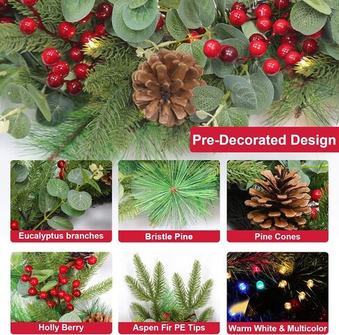 Dual Color Change&Remote Control&12 Mode-26 Inch Large Thick Prelit Christmas Wreath 50 Warm White&Color Lights Timer,Lifelike Tips 33 Ball 16 Pine Needles Cypress Leaves Double Frame Xmas Door Wreath in Saudi Arabia