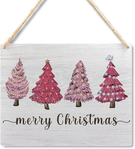 Ryeolo Pink Merry Christmas Wooden Hanging Sign - Pink Christmas Tree Sign, Christmas Porch Front Door Sign, Indoor Christmas Wall Hanging Decor for Bedroom Home,10.2x7.8 Inches in Saudi Arabia