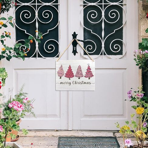 Ryeolo Pink Merry Christmas Wooden Hanging Sign - Pink Christmas Tree Sign, Christmas Porch Front Door Sign, Indoor Christmas Wall Hanging Decor for Bedroom Home,10.2x7.8 Inches in Saudi Arabia