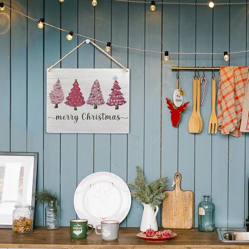 Ryeolo Pink Merry Christmas Wooden Hanging Sign - Pink Christmas Tree Sign, Christmas Porch Front Door Sign, Indoor Christmas Wall Hanging Decor for Bedroom Home,10.2x7.8 Inches in Saudi Arabia