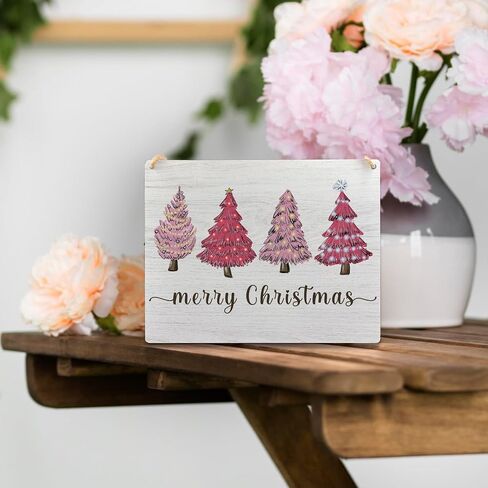 Ryeolo Pink Merry Christmas Wooden Hanging Sign - Pink Christmas Tree Sign, Christmas Porch Front Door Sign, Indoor Christmas Wall Hanging Decor for Bedroom Home,10.2x7.8 Inches in Saudi Arabia