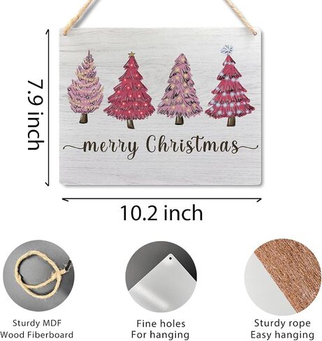 Ryeolo Pink Merry Christmas Wooden Hanging Sign - Pink Christmas Tree Sign, Christmas Porch Front Door Sign, Indoor Christmas Wall Hanging Decor for Bedroom Home,10.2x7.8 Inches in Saudi Arabia