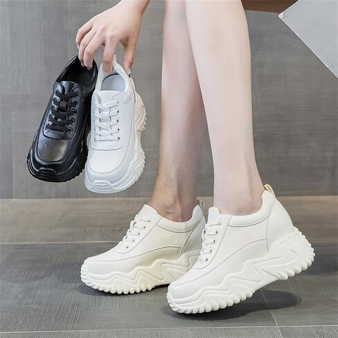 AONEGOLD Platform Sneakers High Heel Wedge Sneakers for Women Fashion Leather Chunky Sneakers Casual Walking Shoes Lace up Sneakers Increasing 3.15 inch in Kuwait