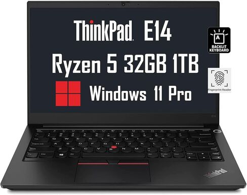 كمبيوتر محمول Lenovo ThinkPad E14 Business (شاشة FHD مقاس 14 بوصة، AMD Ryzen 5 5500U (> i7-1165G7)، ذاكرة وصول عشوائي سعتها 16 جيجابايت، محرك أقراص SSD سعة 512 جيجابايت) لوحة مفاتيح بإضاءة خلفية، قارئ بصمات الأصابع، شحن سريع، إيثرنت، Wi-Fi 6، كاميرا ويب،  in Kuwait