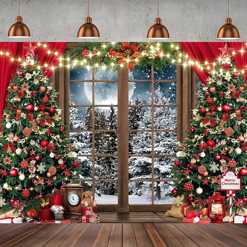 7x5ft Winter Christmas Window Photography Backdrop Xmas Tree Snow Background Banner for Family Holiday Party Decoration Supplies Photo Studio Props Pictures ZW-029 in Kuwait