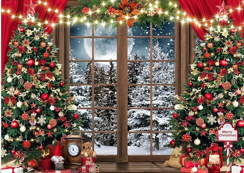 7x5ft Winter Christmas Window Photography Backdrop Xmas Tree Snow Background Banner for Family Holiday Party Decoration Supplies Photo Studio Props Pictures ZW-029 in Kuwait